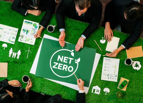 Top view panorama banner group of business people planning for alternative net zero energy utilization for greener sustainable Earth with renewable energy technology to reduce CO2 emission. Quaint