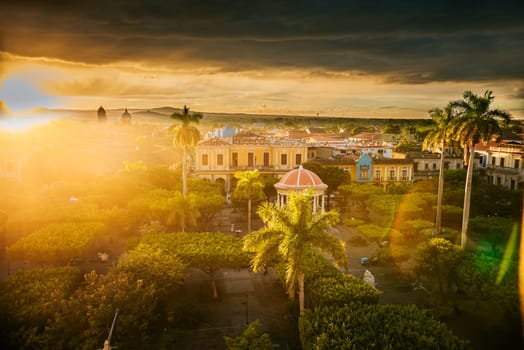 Beautiful view of central park of Granada from the viewpoint. Tourist places in Granada, Nicaragua. View of the central park of Granada at sunset