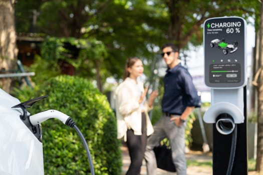 Young couple recharge electric car's battery from charging station in outdoor green city park in springtime. Rechargeable EV car for sustainable environmental friendly urban travel lifestyle.Expedient