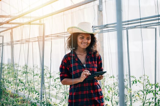 A smiling woman farmer in a black shirt uses her phone to examine tomato leaves in a greenhouse. Her balance between technology and nature fosters growth emphasizing industry development.