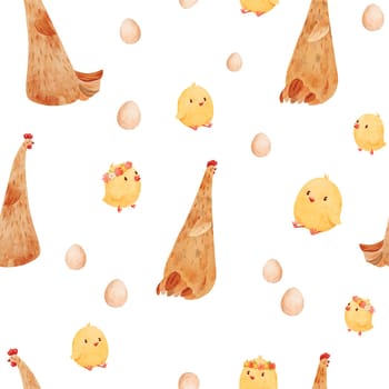 seamless pattern featuring a chicken, chicks, and chicken eggs. watercolor for children's products, such as clothing, bedding, or wallpaper, as well as farm-themed projects. stationery, packaging.