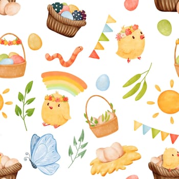 seamless watercolor pattern chicks egg baskets garlands butterflies, greenery, and the sun, Easter theme. cartoonish style, for applications, textiles, stationery, and festive decorations..
