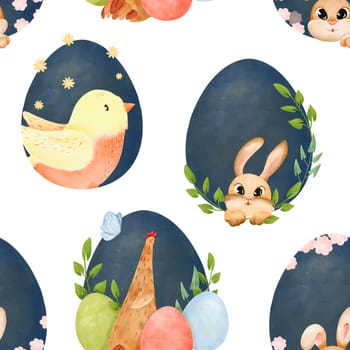 Seamless pattern. Easter compositions with colorful eggs, spring birds, chicks, and bunnies. Perfect for festive designs, essence of Easter, for textiles, stationery, and seasonal decorations.