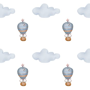 Watercolor pattern baby hot air balloons in pastel colors. Cute illustration of a bunny and a bear in boho style with clouds. Kawaii seamless image for printing on children's textiles and children's room design. High quality illustration