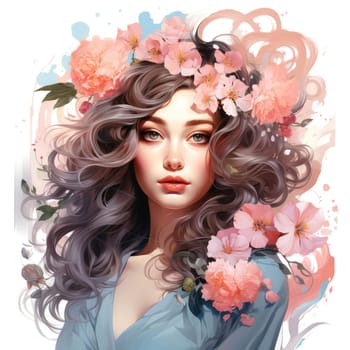 Spring Glamour: Floral Beauty of a Young Woman with a Stylish Rose Wreath, Pink Lips, and Elegant Hairstyle, Portrait in Illustration Style on White Background