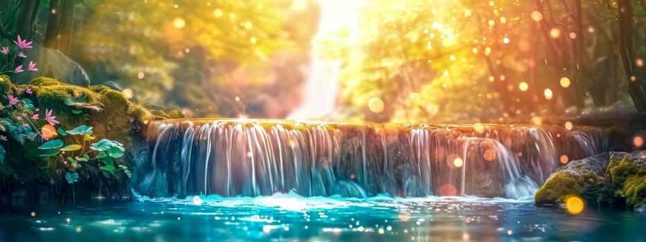 luminous, fairy tale-like waterfall surrounded by vibrant flora, with a magical glow of light particles and a serene, mystical atmosphere. banner
