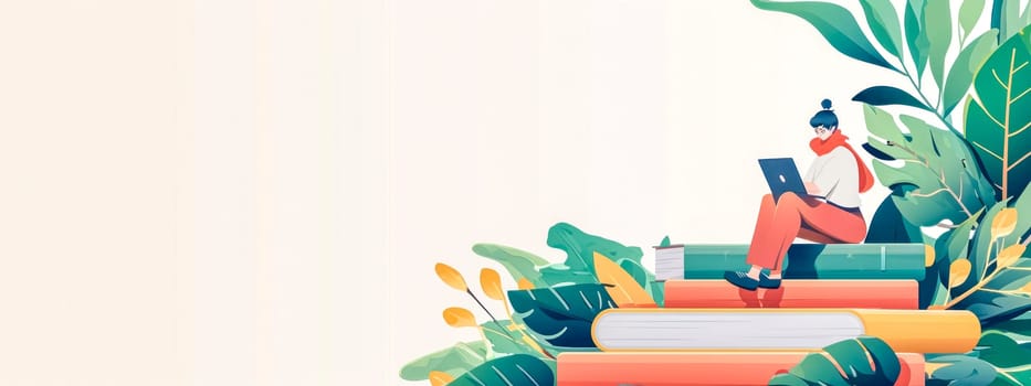 woman comfortably seated on a pile of colorful books, engaged in work on her laptop, surrounded by an abundance of green plants, evoking a sense of learning and growth in a peaceful environment banner