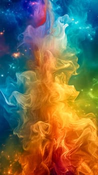 dynamic swirl of colors reminiscent of a celestial nebula, with hues of red, orange, yellow, and blue merging together, evoking a sense of cosmic wonder and the ethereal beauty of space. vertical