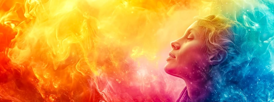 woman's face, serene and contemplative, emerging from a vibrant backdrop of swirling colors that transition from warm oranges to cool blues, inner peace and the spectrum of human emotion. copy space