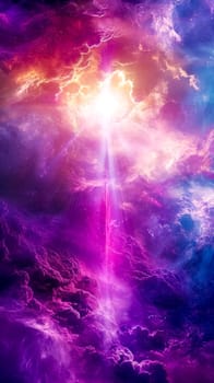 mesmerizing cosmic scene with a radiant light beam piercing through a nebula of deep purples and vibrant pinks, creating a visual representation of enlightenment, mystery, vastness of the universe