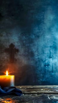 single lit candle casting a warm glow against a dark, textured backdrop with a subtle cross silhouette, conveying a sense of hope, contemplation, and solemnity within a spiritual or religious context.