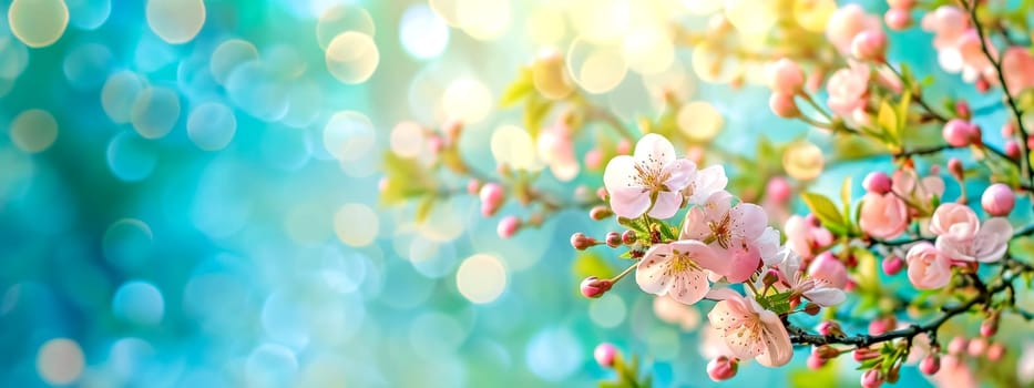 branch of delicate pink cherry blossoms with a dreamy, bokeh light-filled blue background, symbolizing the refreshing and joyful arrival of spring. banner with copy space