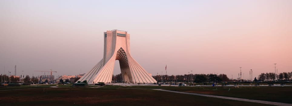 Azadi Tower is a symbol of freedom in Iran, the main symbol of Iran's capital. MS ZI LA Azadi Tower - Freedom Tower, the gateway to Tehran, Popular tourist point at twilight. 02.12.23 Tehran, Iran.