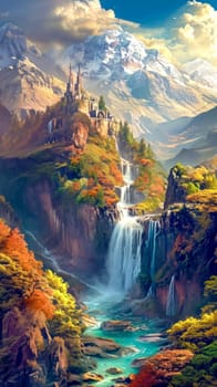 majestic waterfall cascading down a mountain, with an enchanting castle perched atop a cliff, all set against a backdrop of towering snow-capped peaks and lush, autumn-colored forests, vertical
