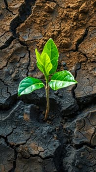 young, vibrant green plant sprouting from a parched, cracked earth, symbolizing hope, resilience, and the power of life to persist in the harshest conditions. vertical