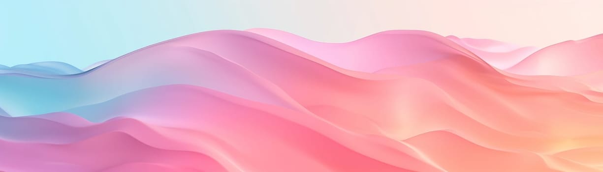 Abstract gradient background with waves in pastel colors. Winter, spring theme. Peaceful, versatile backdrop for any creative project or design. Pink, blue, soft hues. Panoramic banner. Generative AI