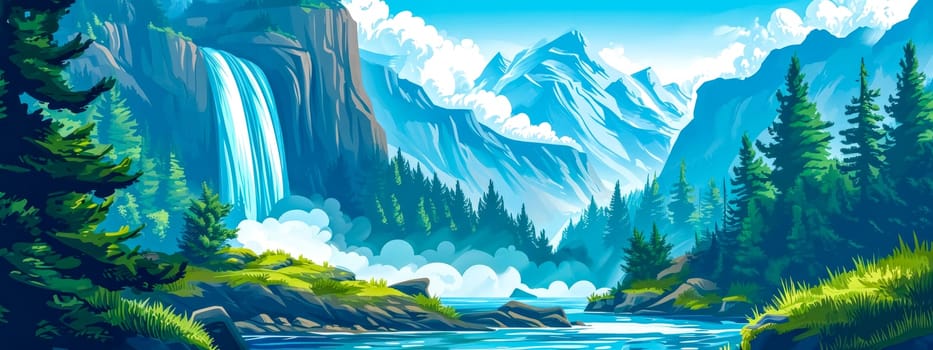 majestic mountain landscape, featuring a powerful waterfall cascading into a river, lush pine forests under a clear blue sky, encapsulating the tranquility and grandeur of a pristine natural world.