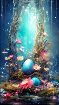 mystical nest cradling vibrant, speckled eggs amidst a flourishing growth of fantastical flowers and trailing vines, magical, ethereal light, wonder and the fantastical spirit of Easter and rebirth.
