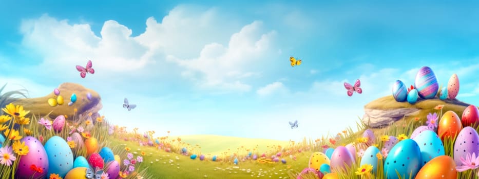 celebration of Easter, depicting an idyllic, sunny meadow filled with brightly colored eggs and playful butterflies, joyful scene that captures the essence of springtime and the spirit of the holiday.