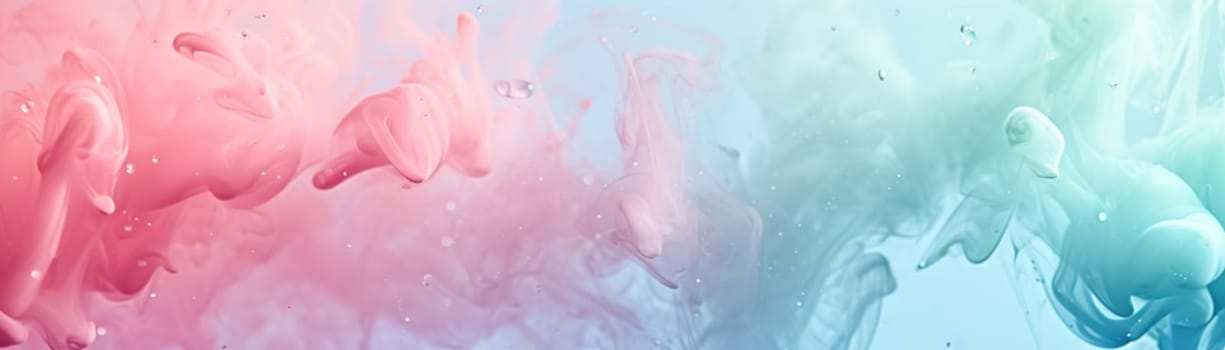 Abstract gradient background with liquid, pastel colors. Winter, spring theme. Peaceful, versatile backdrop for any creative project or design. Pink, blue, soft hues. Panoramic banner. Generative AI