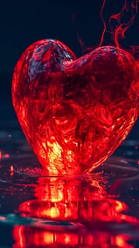 red heart in a fluid, dynamic texture that seems to be made of light and fire, set against a dark backdrop with ethereal smoke tendrils, symbolizing intense passion, love, and vitality, vertical
