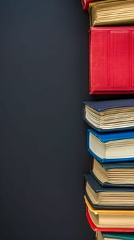 stack of hardcover books in a variety of colors against a dark background, forming a neat, vertical alignment on the left, copy space, design elements, education, literature, and knowledge, vertical