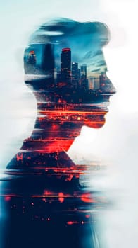 creative double exposure composition, silhouette of a human profile with the vibrant, energetic cityscape at night, connection between individuals and the urban environments inhabit influence vertical