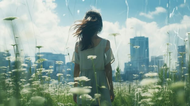 Rear view of a dark-haired girl in a rice field near the city.