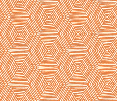 Ikat repeating swimwear design. Orange symmetrical kaleidoscope background. Textile ready modern print, swimwear fabric, wallpaper, wrapping. Summer ikat sweamwear pattern.