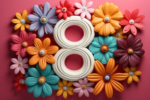 Composition with the number 8 and flowers made of paper, plasticine. March 8 concept.