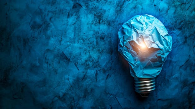 An illuminated light bulb wrapped in crumpled blue paper against a textured blue backdrop, suggesting innovation, inspiration, and creativity. banner with copy space