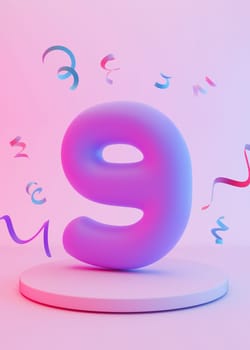 Violet, vibrant number nine on pink background with confetti. Symbol 9. Ninth birthday party, business anniversary. Festive event. Vertical picture. Neon colors. 3D render