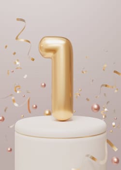 Golden number one and confetti on beige, neutral background. Symbol 1. Invitation for a first birthday party, business anniversary, or any event celebrating a first milestone. Vertical 3D