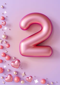 Pink number two on light violet gradient background with shiny hearts and stars. Symbol 2. Second girl birthday party, female business anniversary, or event celebrating a second milestone. 3D