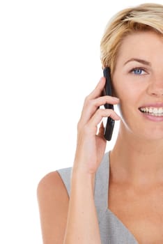 Businesswoman, phone call and conversation in studio portrait, communication and smile by white background. Happy female person, half face and smartphone for networking, discussion and technology.