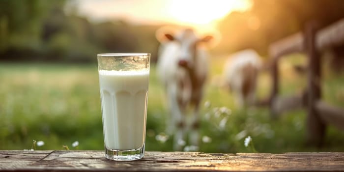 Milk glass on a green meadow with mountains in the background. Generative AI.