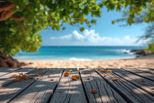 Empty wooden table and blurred beach background. Generative AI.