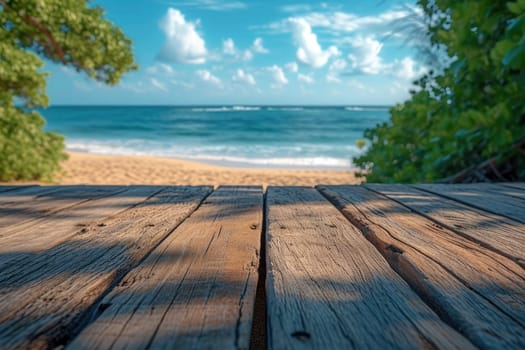 Empty wooden table and blurred beach background. Generative AI.