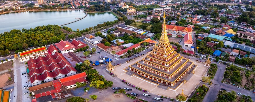 Aerial view of Wat Nong Waeng, also known as Phra Mahathat Kaen Nakhon, in Khon Kaen, Thailand, south east asia