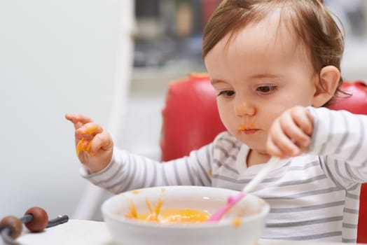 Baby, high chair and playing with bowl for meal, nutrition or healthy porridge with spoon at home. Young adorable cute little child, kid or toddler eating food for hungry snack, vitamins or nutrients.