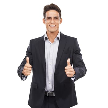 Business man, thumbs up in portrait and feedback in studio, yes vote or review with like emoji on white background. Corporate professional, communication and success with hand gesture for agreement.