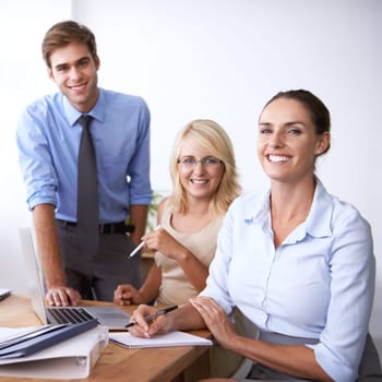 Portrait of happy business people with teamwork, confidence and career in accounting office. Financial advisor, professional accountant research and finance project manager at desk with smile on face.