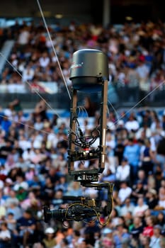 MELBOURNE, AUSTRALIA - JANUARY 11: Spidercam in action as Novak Djokovic of Serbia and Stefanos Tsitsipas of Greece play each other during a charity match ahead of the 2024 Australian Open at Melbourne Park on January 11, 2024 in Melbourne, Australia.