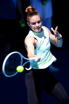 MELBOURNE, AUSTRALIA - JANUARY 11: Maria Sakkari of Greece completes a training session with Iga Swiatek of Poland ahead of the 2024 Australian Open at Melbourne Park on January 11, 2024 in Melbourne, Australia.