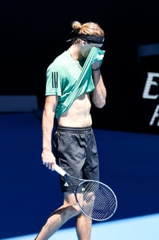 MELBOURNE, AUSTRALIA - JANUARY 11: Alexander Zverev of Germany completes a training session ahead of the 2024 Australian Open at Melbourne Park on January 11, 2024 in Melbourne, Australia.