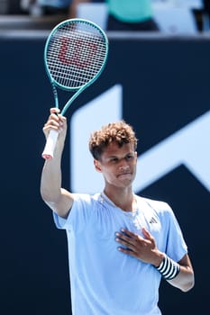 MELBOURNE, AUSTRALIA - JANUARY 11: Gabriel Diallo of Canada on his way to beating Pierre-Hugues Herbert of France in qualifying for the 2024 Australian Open at Melbourne Park on January 11, 2024 in Melbourne, Australia.