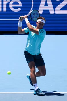 MELBOURNE, AUSTRALIA - JANUARY 11: Casper Ruud of Norway playing against Jannik Sinner of Italy on day two of the 2024 Kooyong Classic at Kooyong on January 11, 2024 in Melbourne, Australia.