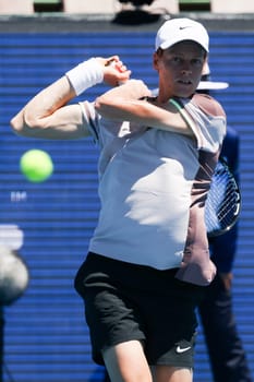 MELBOURNE, AUSTRALIA - JANUARY 11: Jannik Sinner of Italy on his way to beating Casper Ruud of Norway on day two of the 2024 Kooyong Classic at Kooyong on January 11, 2024 in Melbourne, Australia.