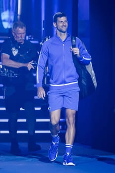 MELBOURNE, AUSTRALIA - JANUARY 11: Novak Djokovic of Serbia and Stefanos Tsitsipas of Greece playt eachother during a charity match ahead of the 2024 Australian Open at Melbourne Park on January 11, 2024 in Melbourne, Australia.