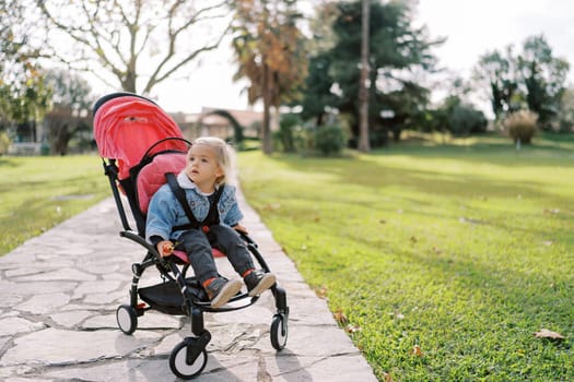 Little girl sits in a stroller on a path in the park and looks away. High quality photo